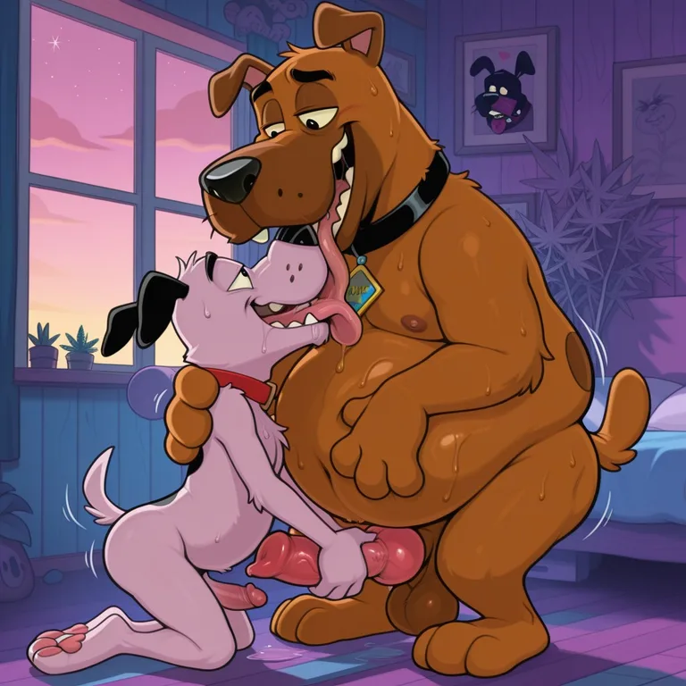 Two Toony Dogs Sharing a Romantic Kiss in a Trippy Forest