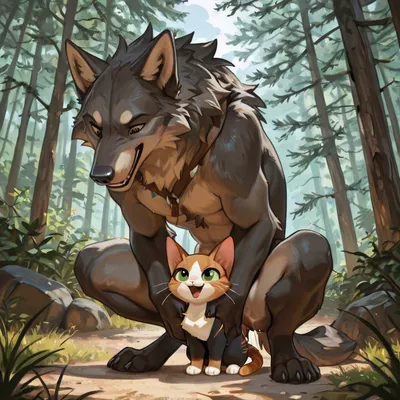 Intimate Wolf and Cat Encounter