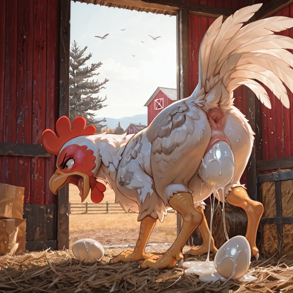 Chicken Laying Egg in Barn