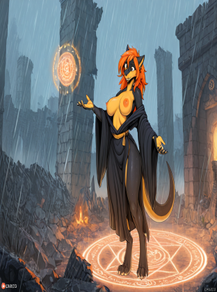 Mysterious Dragon Sorceress in Rainy Castle Ruins