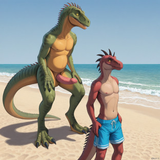 Elderly Dinosaur Couple on Beach