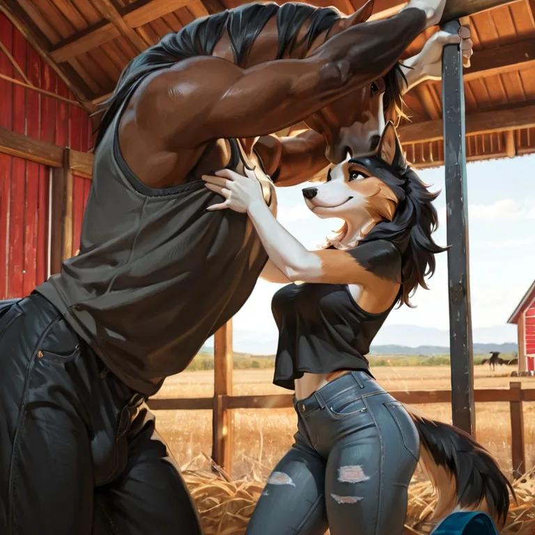 Collie and Horse in Rustic Barn