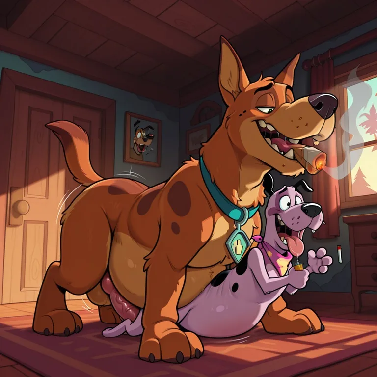 Courage the Cowardly Dog and Scooby Doo Sharing a Joint in a Cartoon Kitchen
