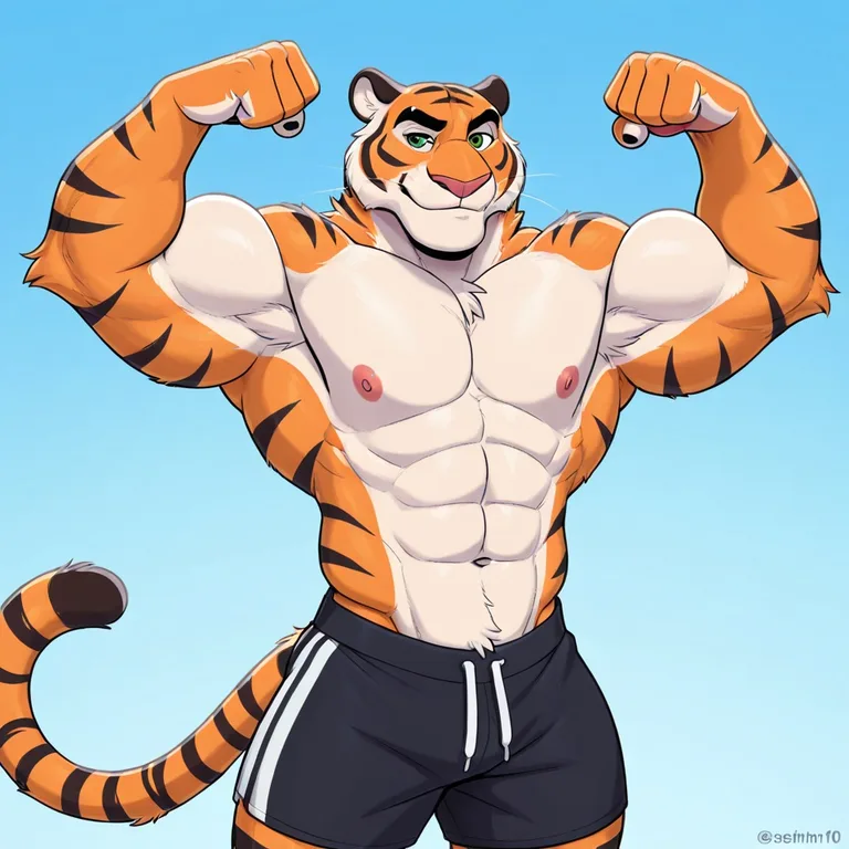 Muscular Tiger Flexing in Gym Shorts