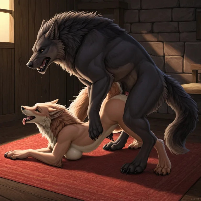 Wolf Mounting Dragon in Passionate Embrace