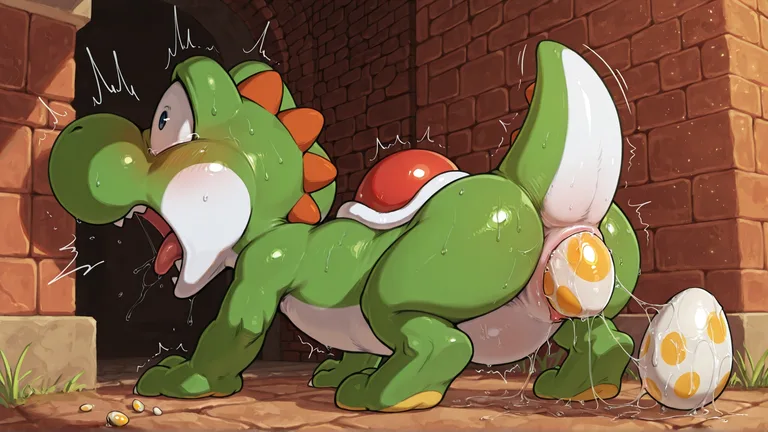 Yoshi Laying Egg in Forest Clearing