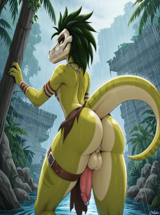 Dinosaur Raptor Warrior in Jungle Ruins Male Flat_chested
