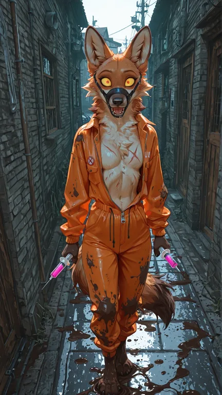 Maned Wolf in Tattered Prison Jumpsuit on Sidewalk