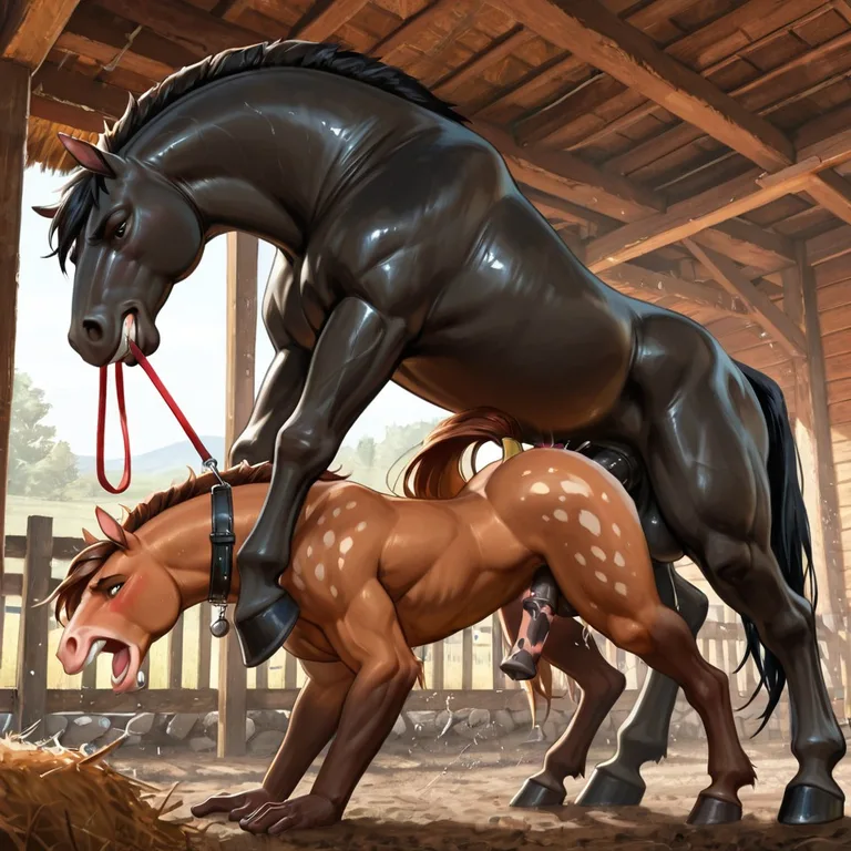 Two Horses Locked In Aggressive Stable Encounter