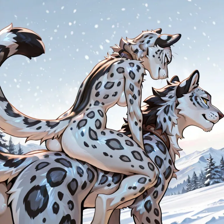 Snow Leopard Pair Ride Through Winter Woods