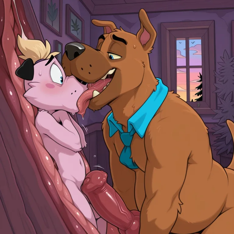 Two Anthro Dogs Sharing a Romantic Embrace in a Rainbow Meadow Toony
