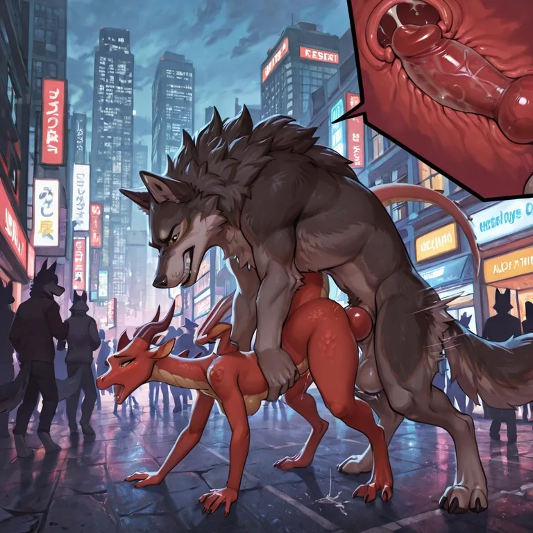 A Wolf and Dragon in the City Square
