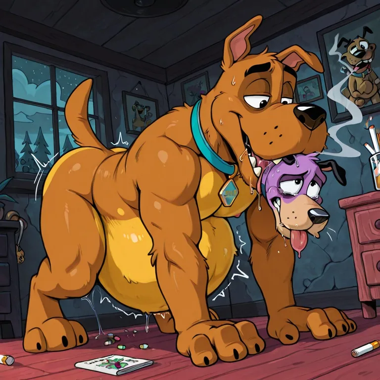 Scooby and Courage in a Cozy Cartoon Standoff