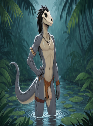 Raptor Dinosaur in Rainy Jungle