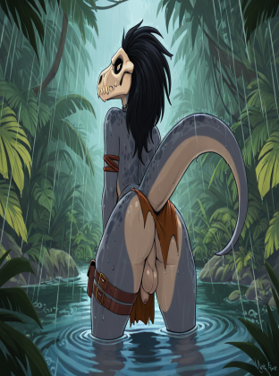 Dinosaur Warrior in Rainy Jungle Wetlands