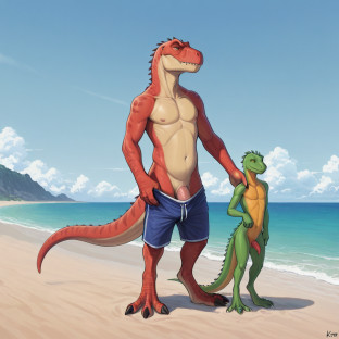 Elderly Dinosaur Man on Beach