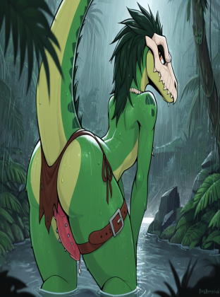 Raptor Warrior in Rainy Jungle Ruins Water