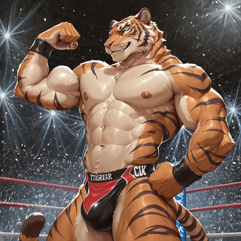 Muscular Tiger Wrestler Flexing Mightily