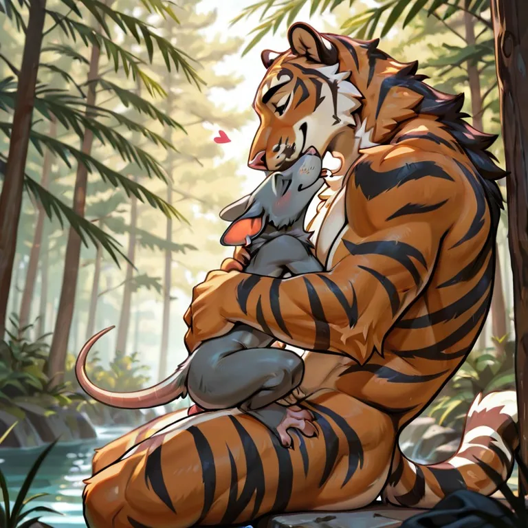 An Orange Tiger and Grey Rat Share a Quiet Moment Outdoors