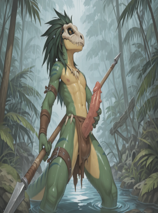 Raptor Warrior with Pierced Penis in Jungle Ruins