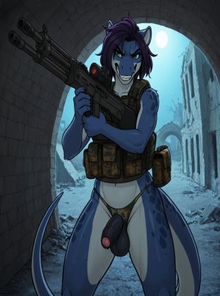 Determined Blue Raptor Warrior in Bunker Ruins