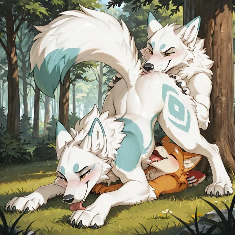 White Shepherd and Akita in a Sunlit Park Duo