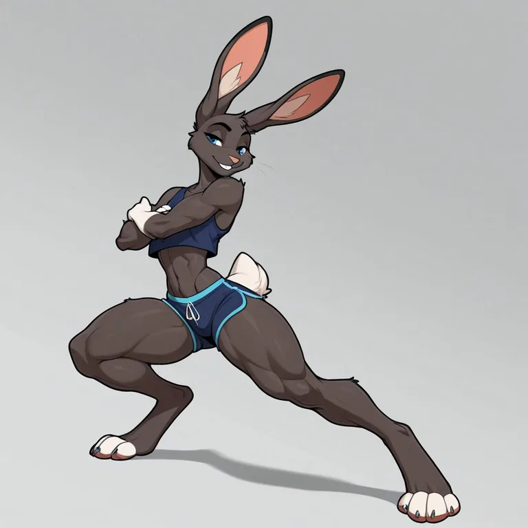 Solo, male, anthro, jackrabbit, black_fur, white_tail, muscu