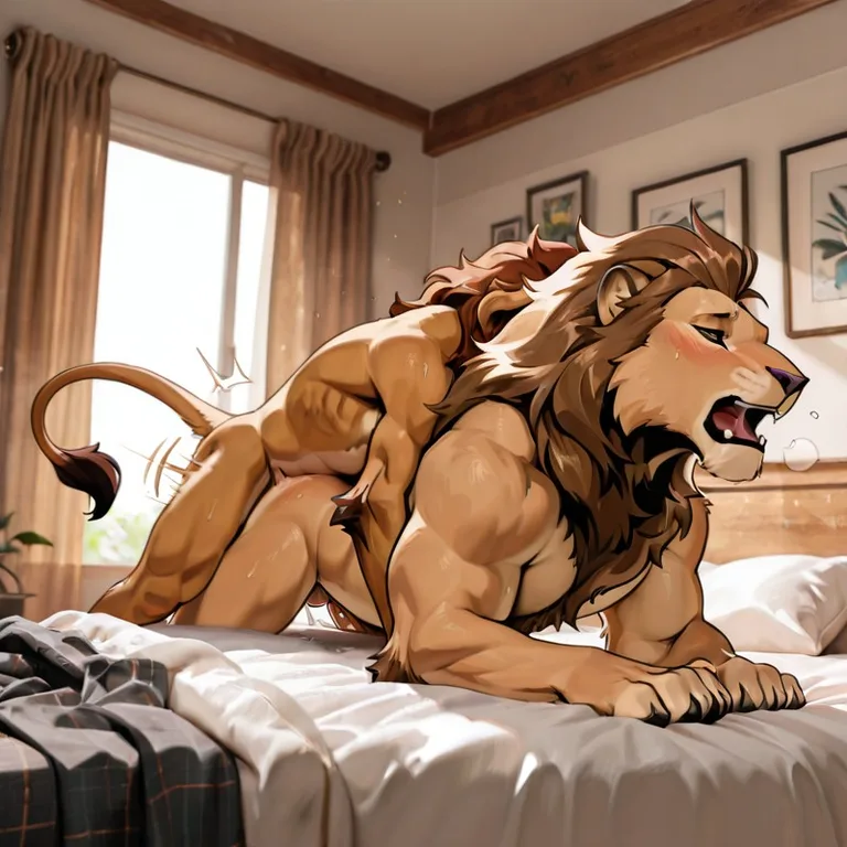 Two Lions Resting in a Sunlit Bedroom