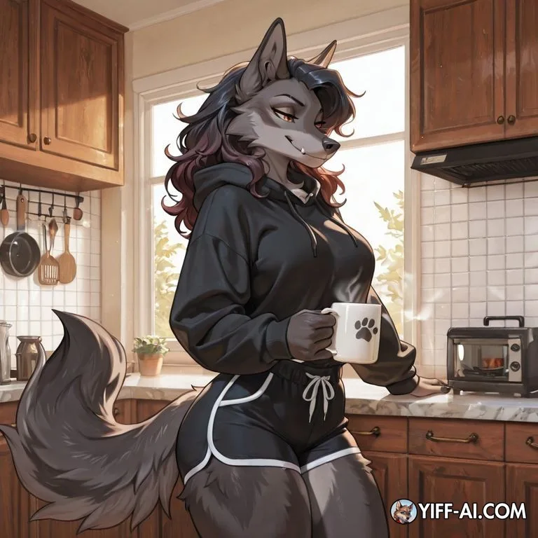 Charcoal Wolf Woman In Cozy Kitchen With Coffee