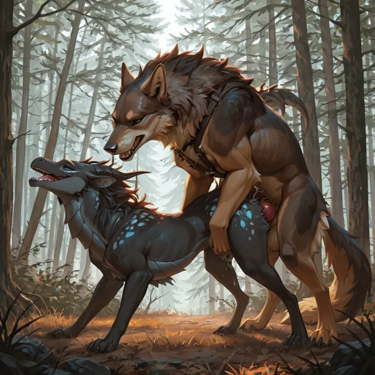 Wolf and Dragon in a Forest Clearing