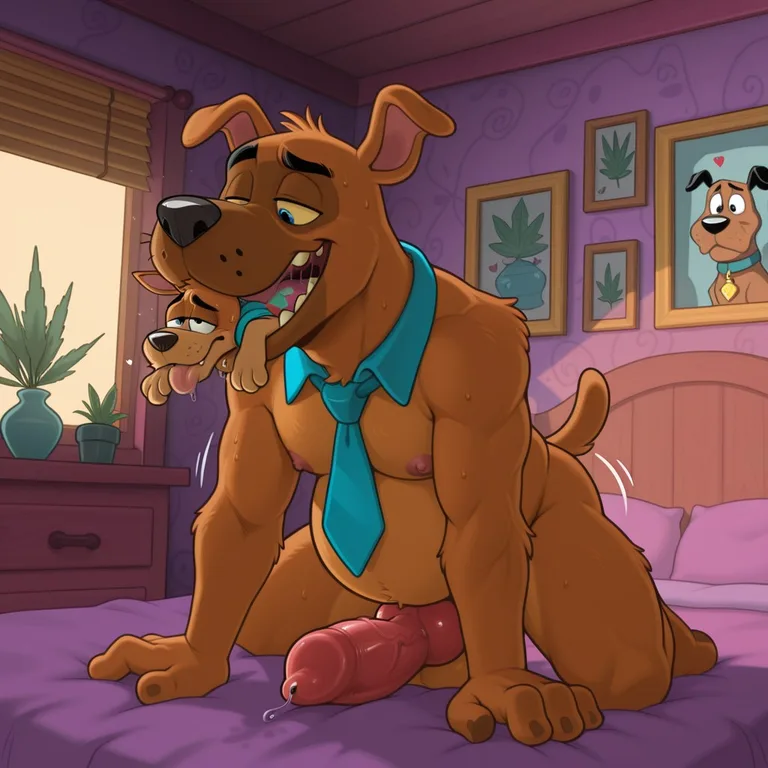 Two Cartoon Dogs Embrace in a Rainbow Room