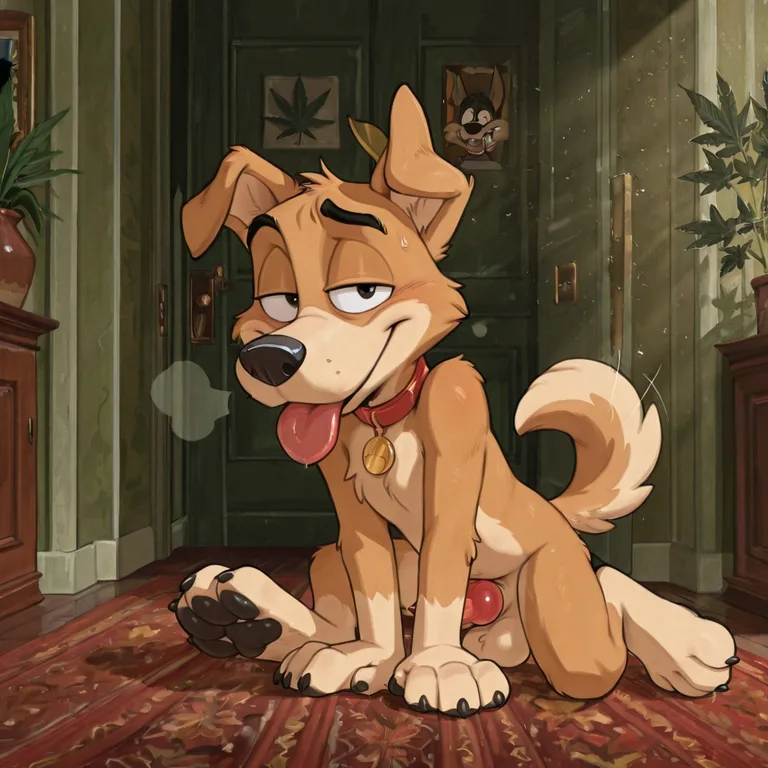 Playful Cartoon Puppy with Marijuana Leaf