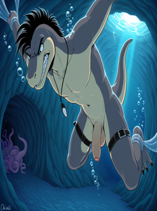 Raptor Dinosaur in Underwater Cave