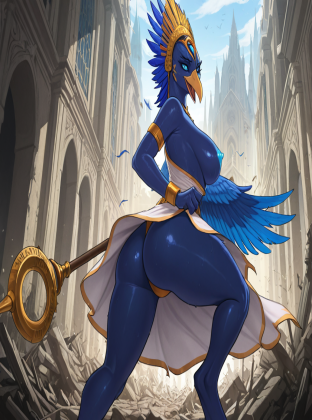 Tzeentch's Avian Sorceress Amid Ruined Cathedral