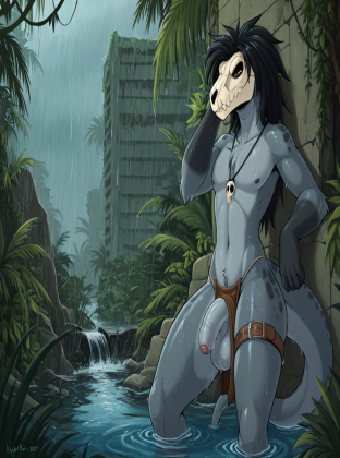 Raptor Dinosaur Warrior in Rainy Jungle