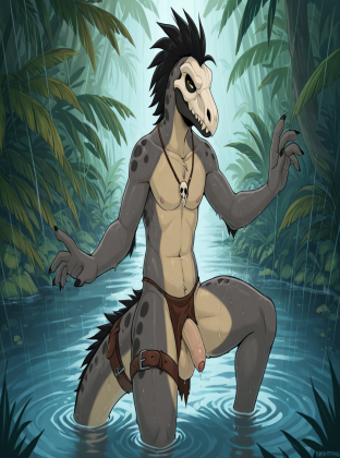 Solemn Scaled Raptor in Rainy Jungle