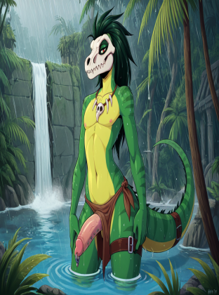 Dinosaur Raptor Warrior in the Rain