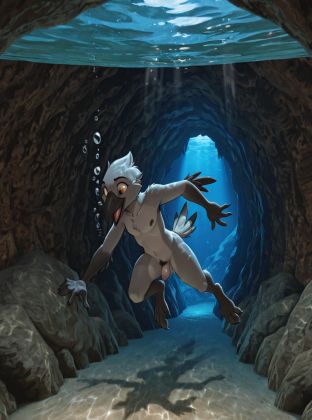 Crow Swimming in Cave Tunnel
