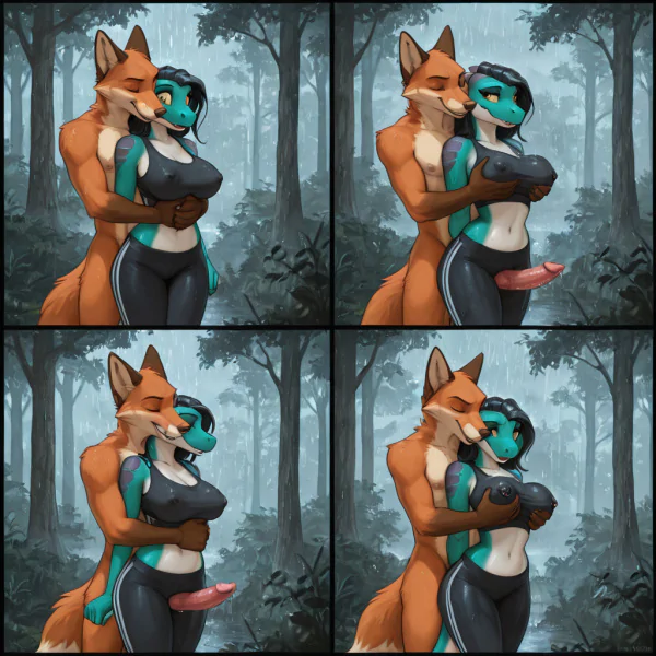 Mating Fox and Lizard in Rainy Forest