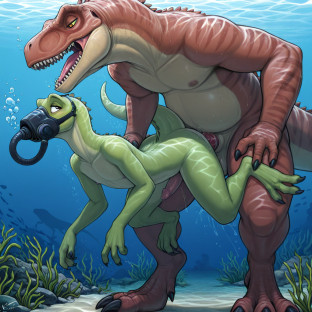 Elderly Raptor and Humanoid Duo Underwater