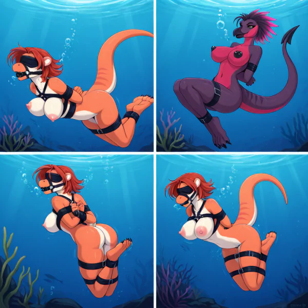 Dinosaur Couple Underwater Struggle