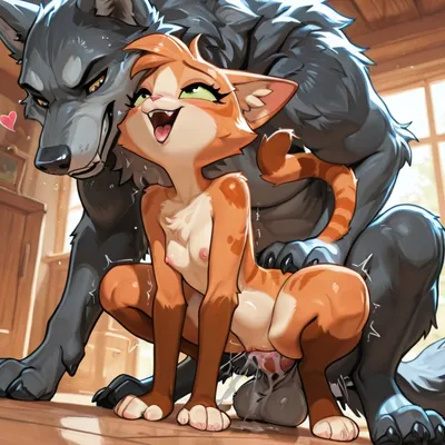 Wolf and Cat Intimate Moment
