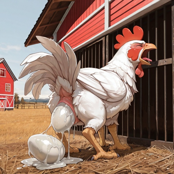 White Chicken Straining to Lay Egg