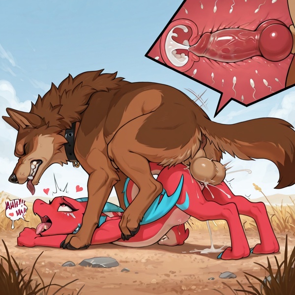 Furred Red Dragon Mating with Wolf