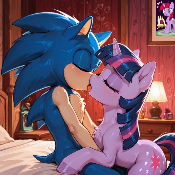 Anthro Ponies and Hedgehog Kissing Passionately