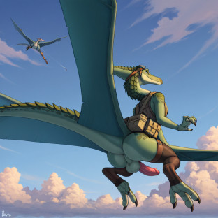 Male Pteranodon Soaring Through Cloudy Sky