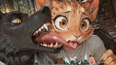 Feline Licking Werewolf in Forest Clearing