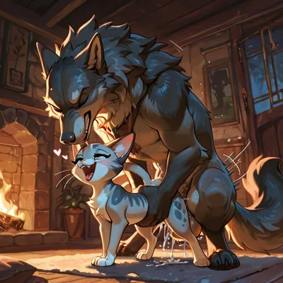 Wolf and Cat Mating Passionately