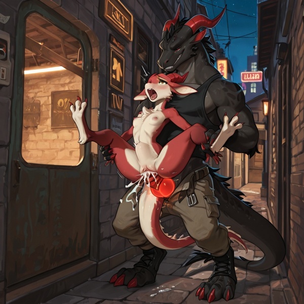 Avali Female and Dragon in Alley Encounter