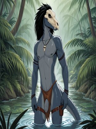 Raptor in Rainy Jungle Clearing